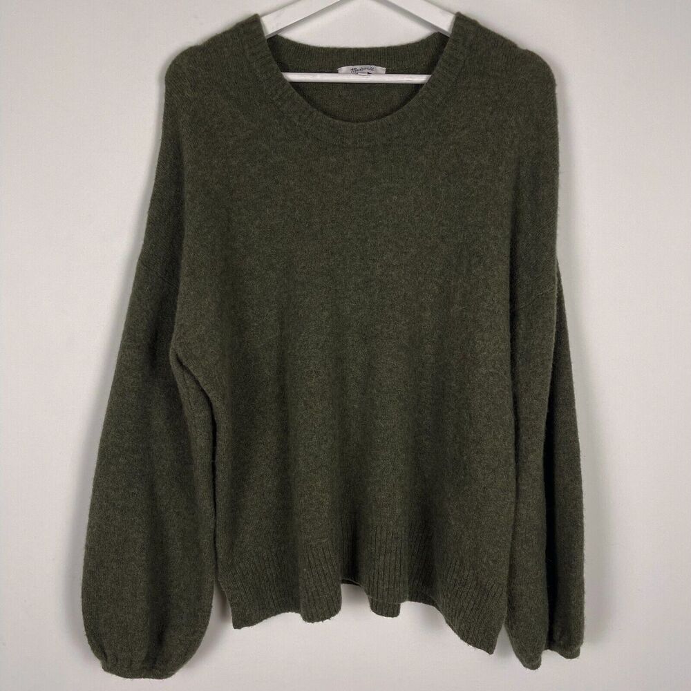 Madewell Wool Alpaca Sweater Relaxed Crewneck Green Balloon Sleeves Cozy Womens - Picture 1 of 10